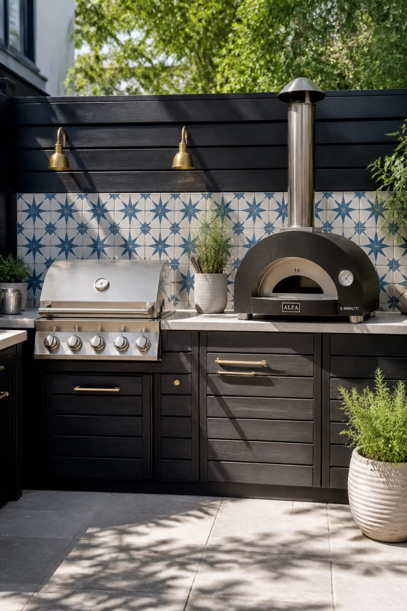 Starry Backsplash Nook A realistic photo of a compact outdoor cooking nook against a dark wooden fence featuring a small grill, a pizza oven, and decorative blue and white star patterned backsplash tiles on a bright morning.
