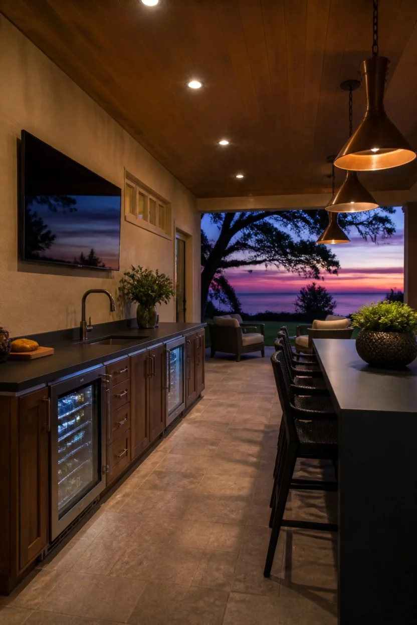 Sleek Copper Accent Kitchen A realistic photo of a modern covered outdoor living space with rich dark wood cabinetry, matte black countertops, built in refrigerators, and elegant copper pendant lighting hanging from a finished ceiling at twilight.