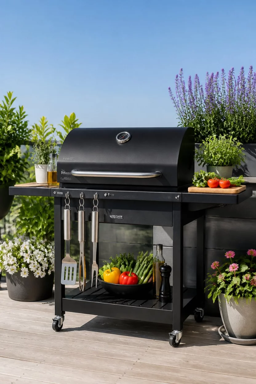 The Portable Deck Station A realistic photo of a portable black grill station accessorized with stainless steel tools and fresh vegetables surrounded by potted herbs and flowers on a simple light wood deck under a clear sky.