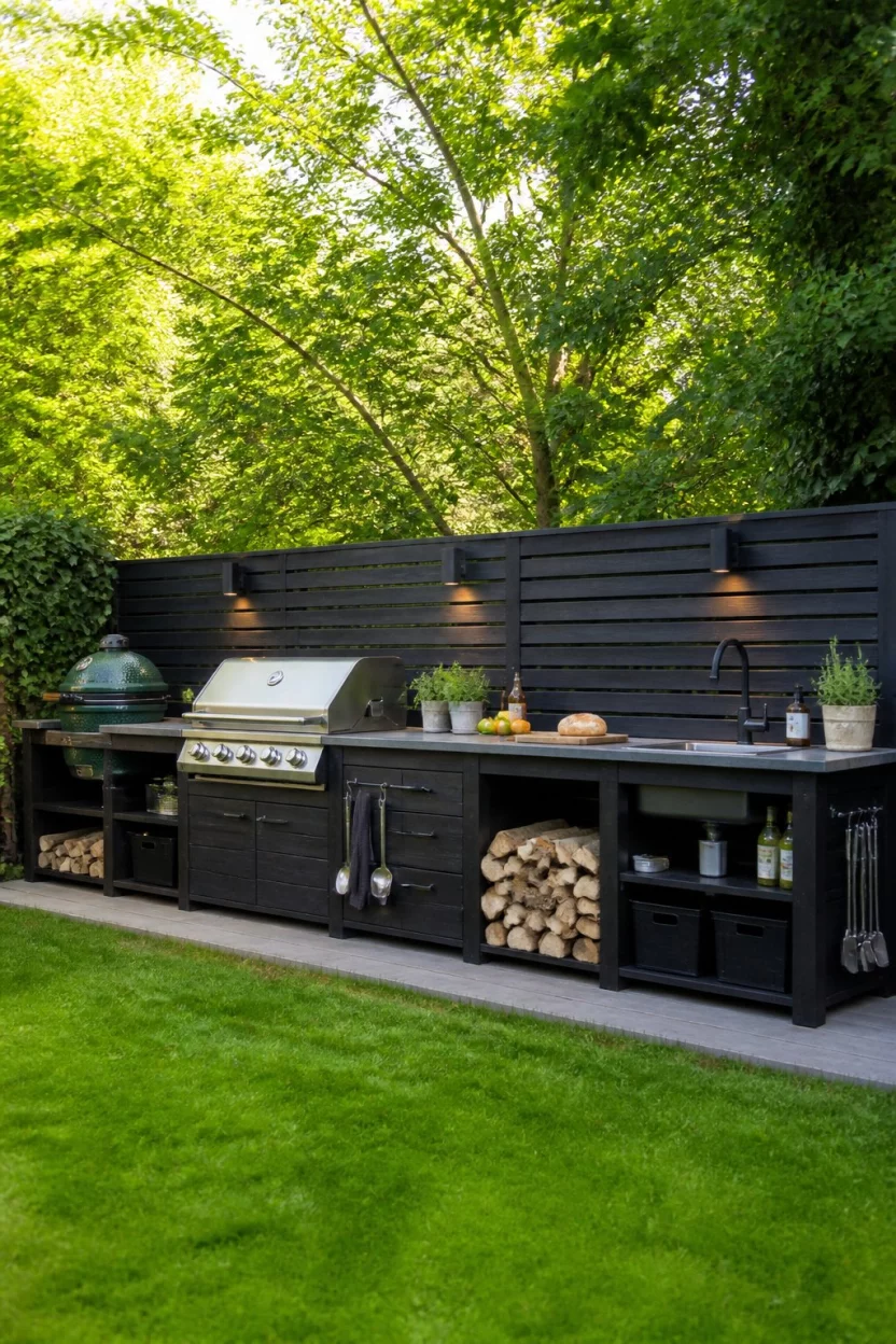 Horizontal Slat Storage Wall A realistic photo of a long dark stained outdoor kitchen station with extensive storage for wood and tools set against a horizontal slat fence in a bright green backyard with manicured grass.