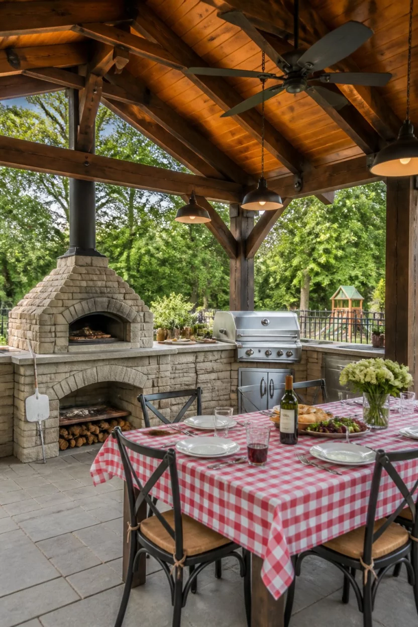 The Pavilion Pizza Party A realistic photo of a welcoming outdoor dining and cooking space under a large wooden pavilion featuring a pizza oven and grill overlooking a table set with a checkered tablecloth in a leafy yard.