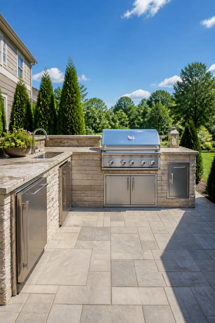 Sunny Mediterranean Stone Suite A realistic photo of a built in outdoor kitchen in a sunny residential backyard featuring light colored stone cladding, stainless steel appliances, and a modern paver patio with a clear blue sky above.