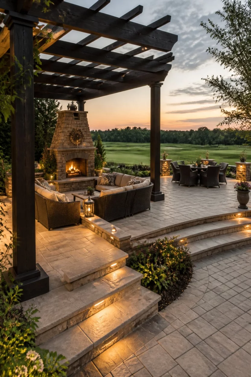 A realistic photo of a luxury backyard featuring an elegant two tiered stone patio under a dark pergola, multiple seating zones with a stone fireplace, and a peaceful view overlooking a sprawling green lawn at dusk.