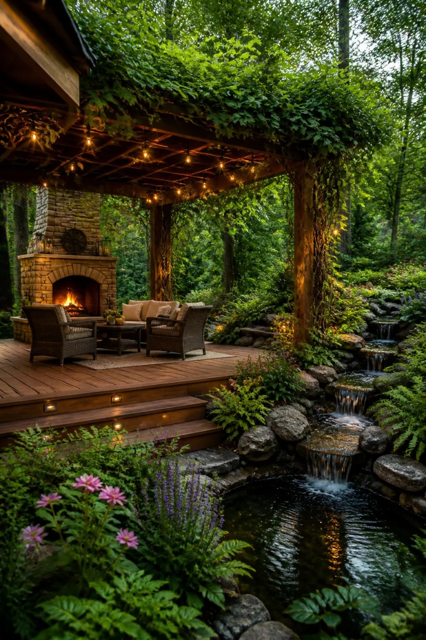 A realistic photo of a rustic wooden deck featuring a thick vine covered pergola, a cozy seating area beside a stone fireplace, and small tiered water features trickling into a pond surrounded by lush woodland plants and flowers.