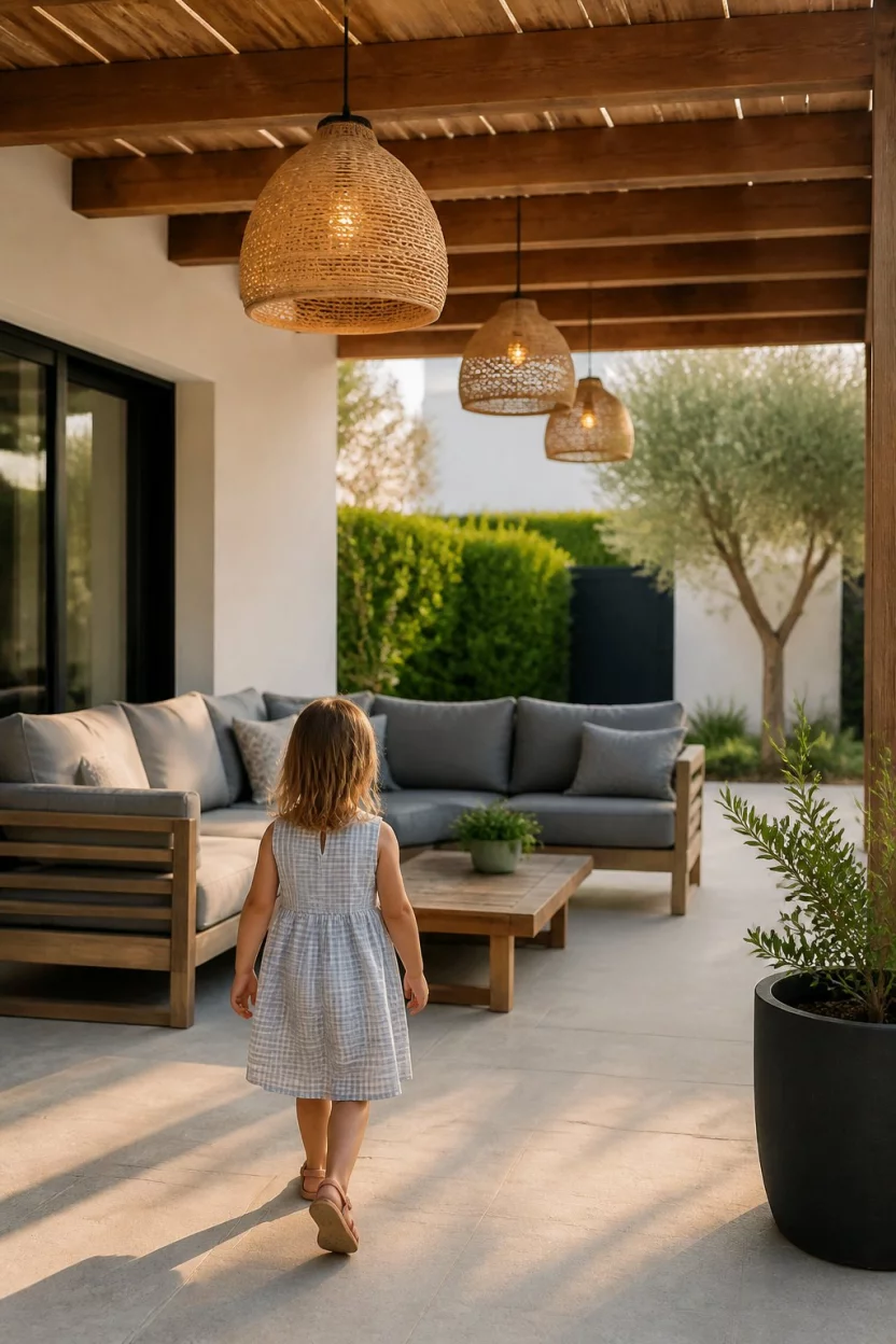 A realistic photo of a modern courtyard where a young child walks toward a wooden pergola, grey outdoor sectional furniture sitting on a paved floor, and large wicker pendant lamps hanging from the ceiling beams to provide a stylish lighting solution.