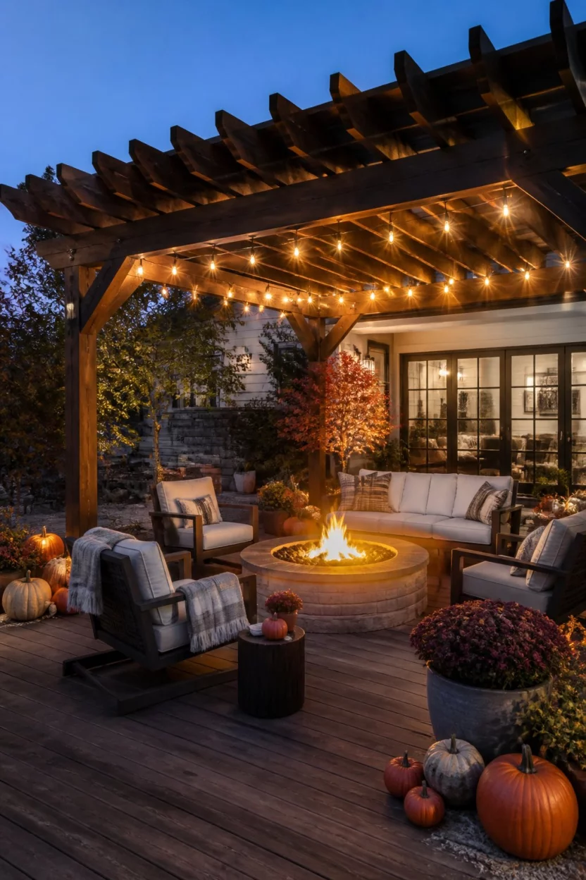 A realistic photo of an outdoor patio at twilight featuring a dark wood pergola decorated with glowing string lights, a central fire pit surrounded by modern seating, and festive fall pumpkins and seasonal decor scattered around the wooden deck.