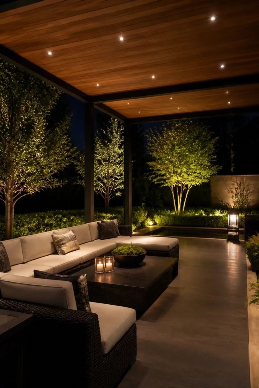 A realistic photo of an upscale outdoor lounge at night featuring a wood lined pergola with glowing recessed lighting, dark wicker sofas with cream cushions, and professionally manicured green landscaping surrounding the dark patio floor.
