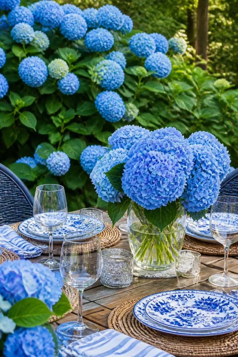 Classic Blue And White Serenity A realistic photo of a charming outdoor dining table featuring blue and white china plates, clear wine glasses, and a centerpiece of blue hydrangeas sitting beneath matching hydrangea bushes in a green garden.