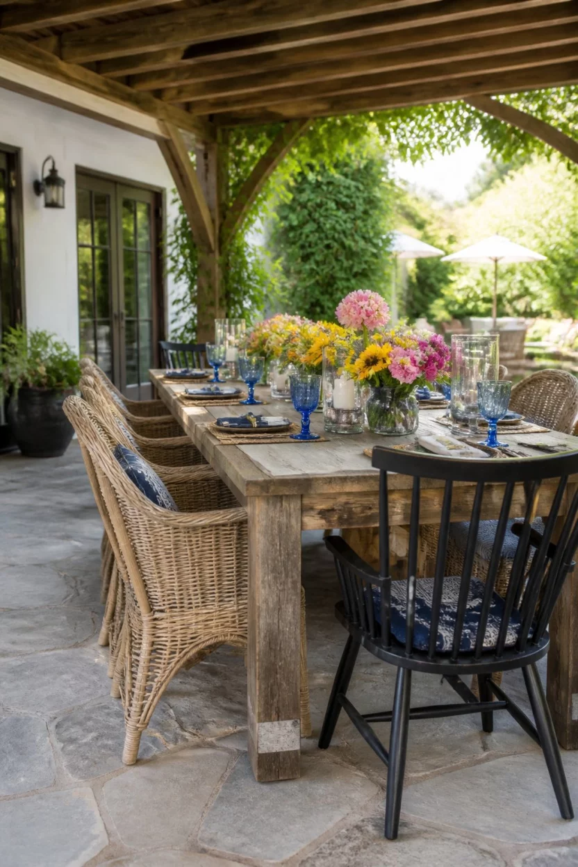 Bright Shaded Dining Mix A realistic photo of a bright shaded outdoor dining area featuring a long wooden table, yellow and pink flowers in vases, blue glass goblets, and a mix of tan rattan and black chairs on a stone patio.