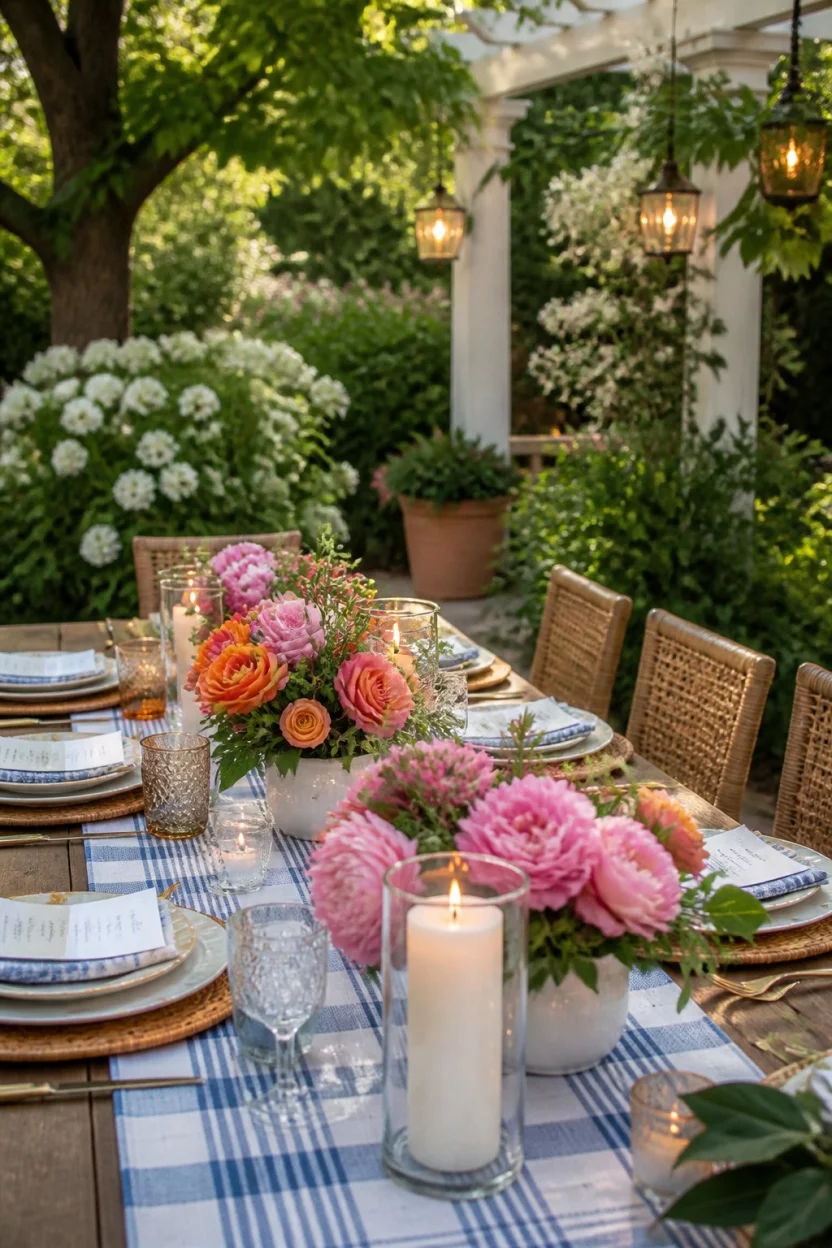Vibrant Garden Party Patterns A realistic photo of a vibrant outdoor dinner party in a lush garden featuring a table with a blue and white plaid table runner, colorful pink and orange floral centerpieces, brown wicker chairs, and lit white candles.
