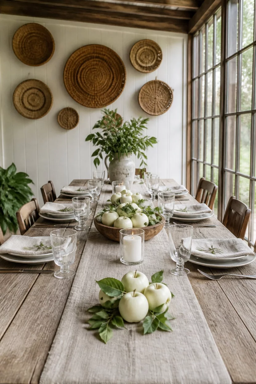 Intimate Sunroom Simplicity A realistic photo of an intimate dining setting inside a rustic sunroom featuring a long wooden table, woven hanging baskets on the wall, and small white apples arranged as centerpieces on a simple linen runner.