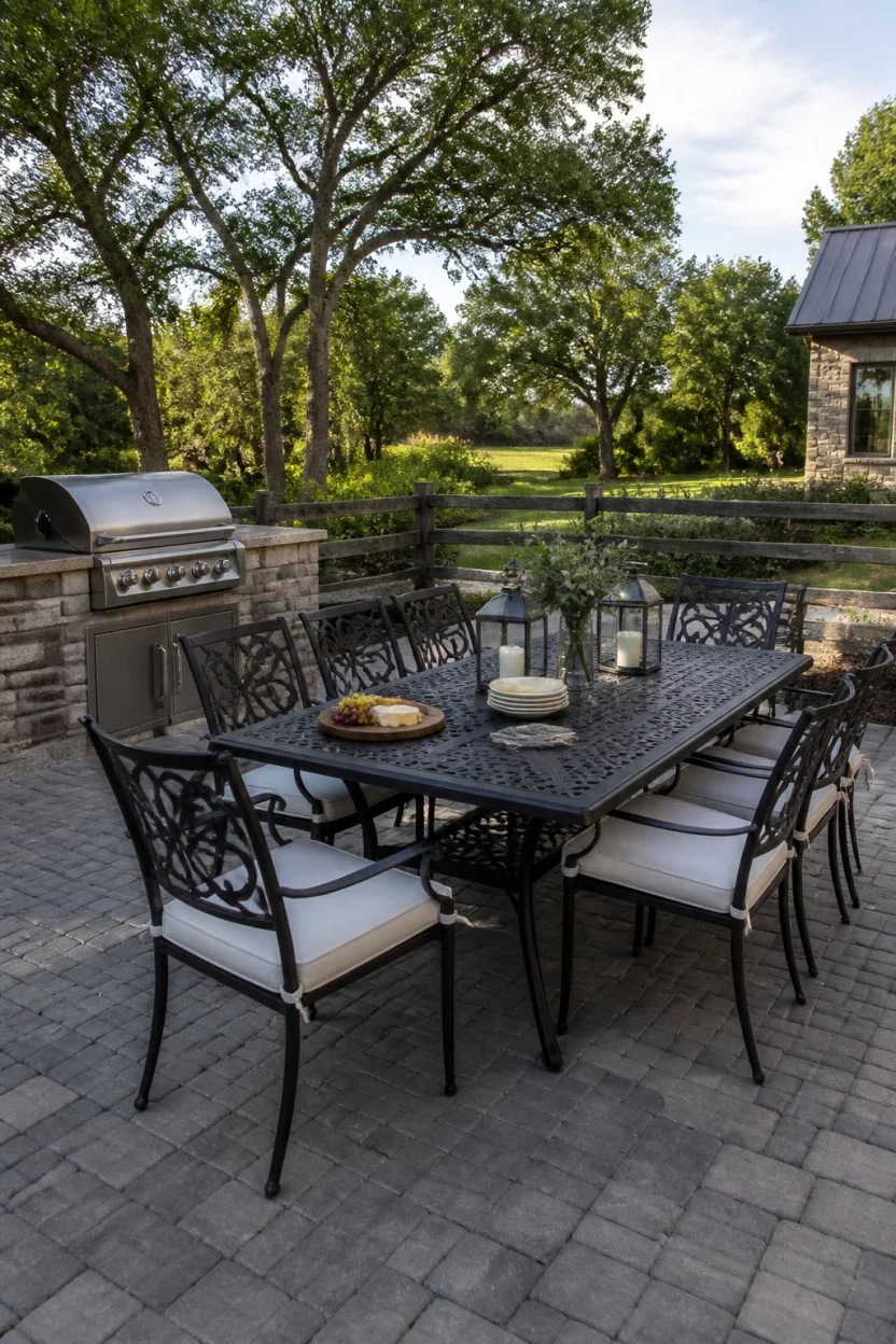 Dark Metal And Textured Pavers A realistic photo of a large outdoor dining set with dark metal chairs and white cushions on a textured grey paver patio, positioned near a metal grill in a rustic yard.