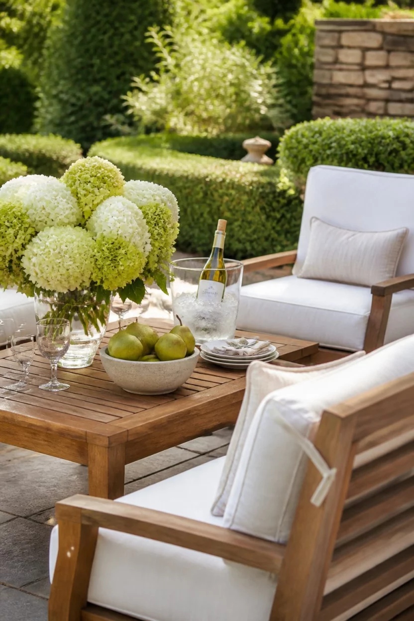 Cozy Hydrangeas And Wine Pairings A realistic photo of a cozy garden patio featuring white plush cushions on chairs around a wooden table holding a centerpiece of light green and white hydrangeas, fresh green pears in a bowl, and a chilled bottle of white wine in an ice bucket.
