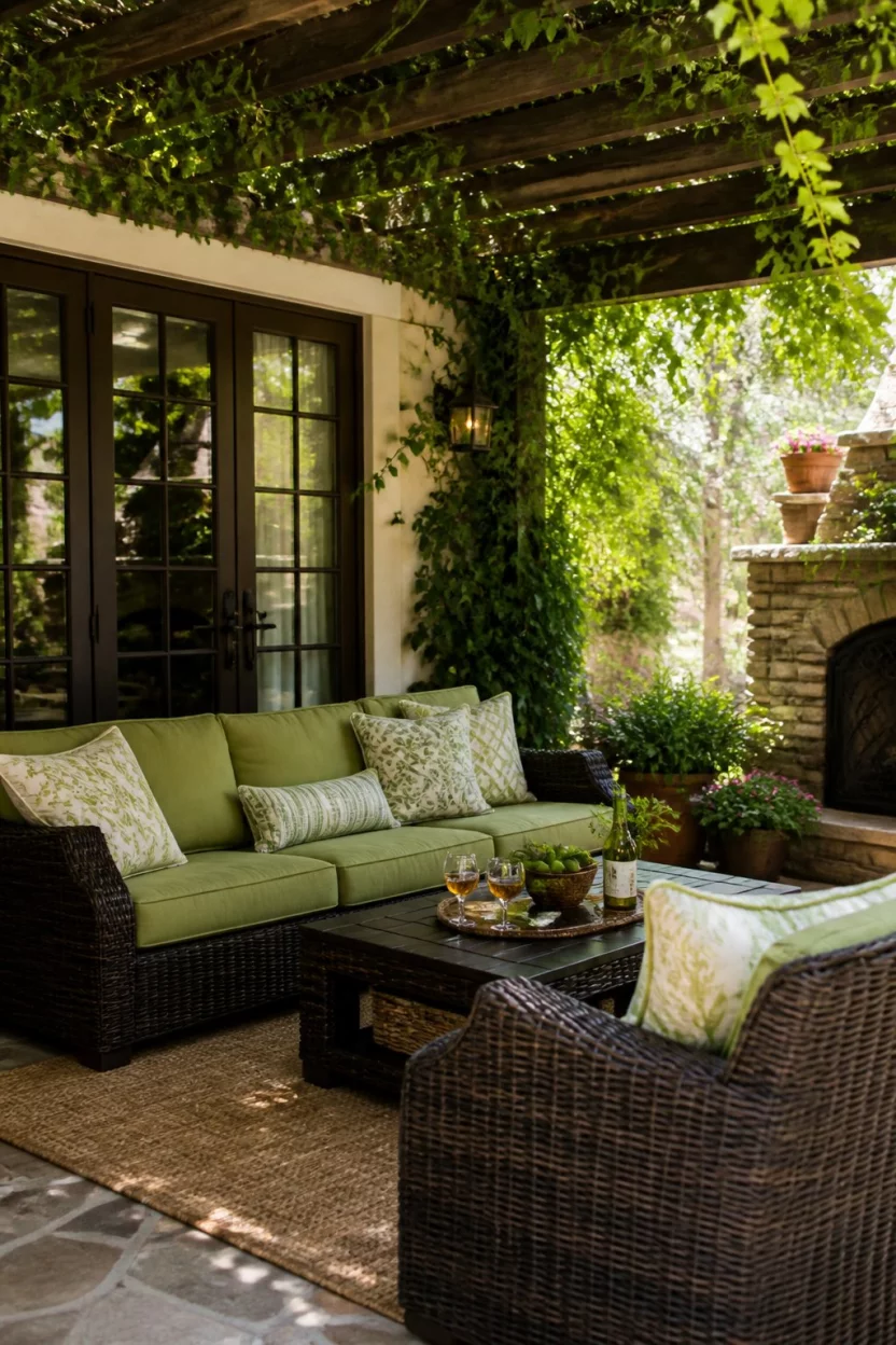 Shaded Vines And Wicker Comfort A realistic photo of a cozy shaded patio corner featuring dark brown wicker furniture with green cushions, a low coffee table with drinks, and green climbing vines growing on a pergola overhead.