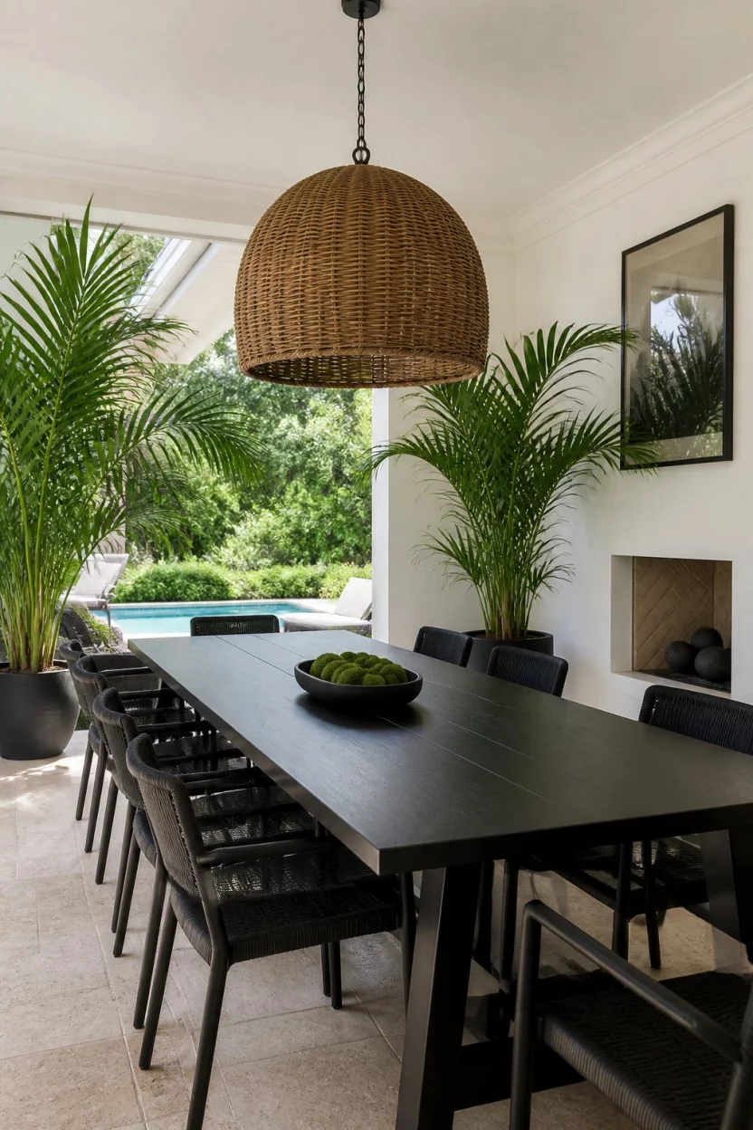 Contemporary Drama With Potted Palms A realistic photo of an elegant covered patio featuring a long black dining table, modern black chairs, large green potted palms in the corners, and an oversized tan woven pendant light hanging overhead.