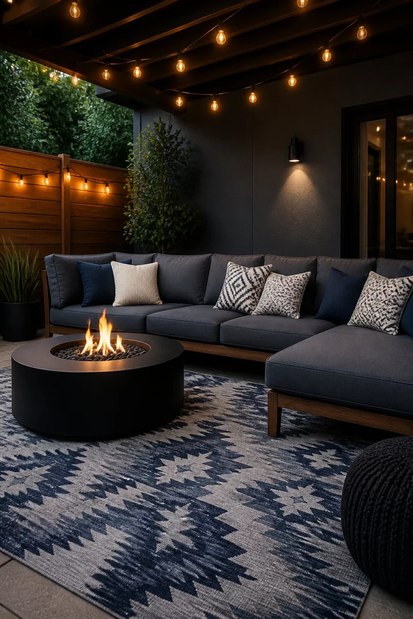 Modern Lounge With Fire Pit A realistic photo of a modern patio lounge area featuring a grey sectional sofa with pillows, a black round fire pit, warm string lights overhead, and a blue and grey geometric patterned rug on the floor.