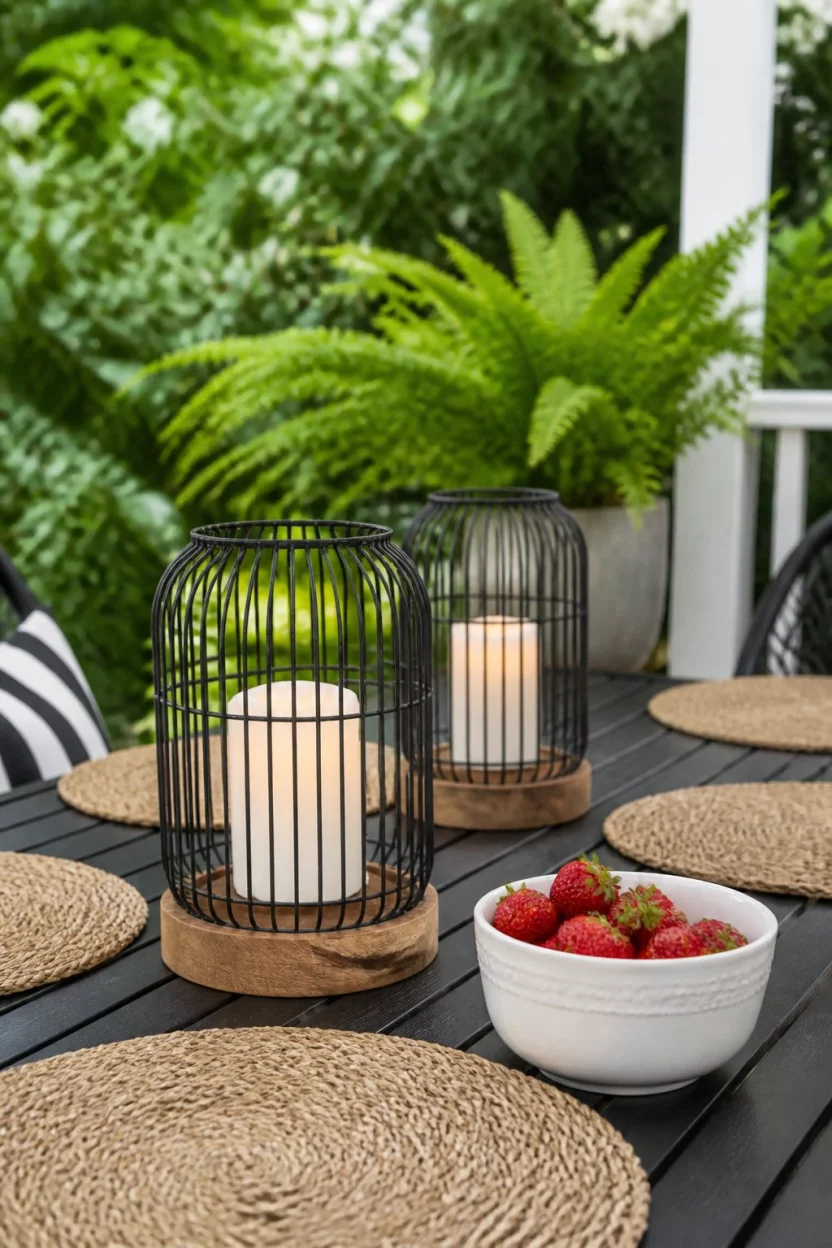 Casual Fruit And Caged Lanterns A realistic photo of a casual patio table featuring round woven placemats, two black caged lanterns on wooden bases, a white ceramic bowl filled with red strawberries, and lush green plants in the background.