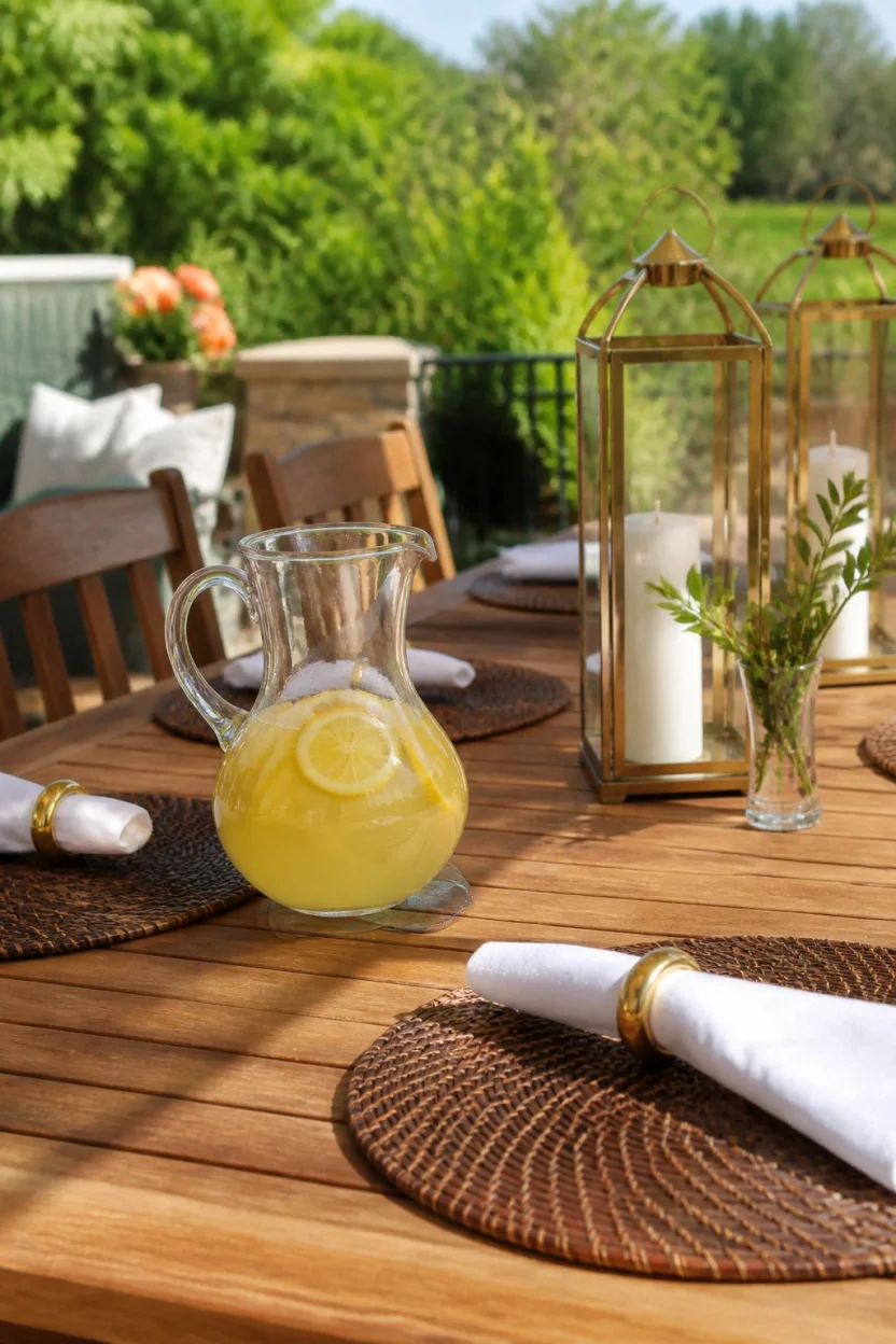 Modern Refreshment With Gold Accents A realistic photo of a modern outdoor wooden dining table featuring a glass pitcher of yellow lemonade, round brown rattan placemats, white cloth napkins, and decorative gold lanterns with candles sitting on the wooden surface during a sunny day.