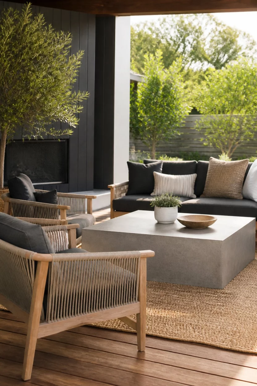 Modern Textures On The Deck A realistic photo of a modern outdoor living space featuring light wood and rope chairs, a grey concrete coffee table, dark charcoal cushions, and a tan natural fiber rug on a wooden deck.