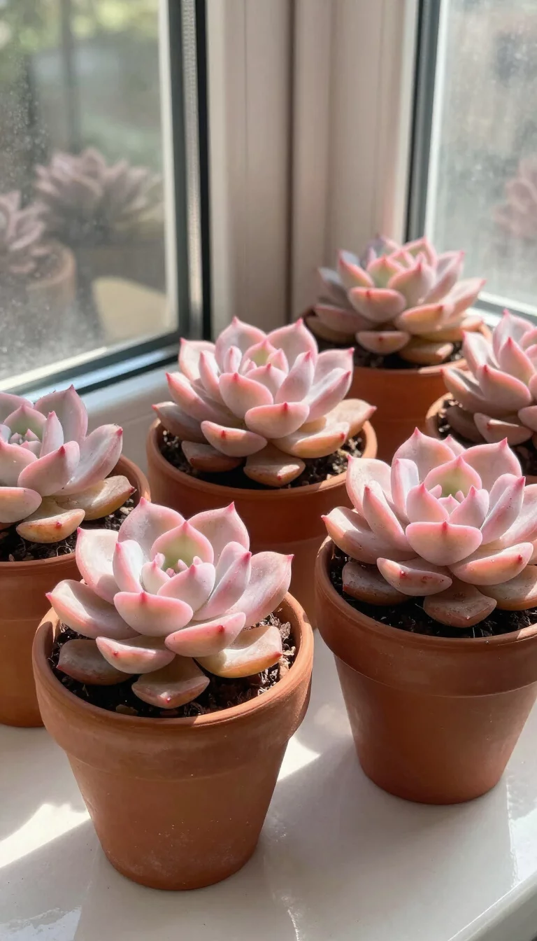 A super-realistic photo of a kitchen windowsill with several blush pink succulents in terracotta pots, the leaves showing a natural pink gradient at the tips, bright sunlight hitting the plants, everyday social media post aesthetic, photorealistic, high-quality mobile photography, shot on an iPhone 14