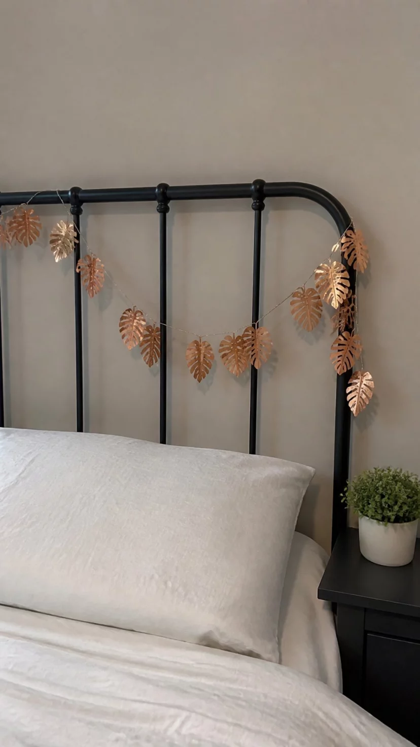 A super-realistic photo of a rose gold leaf garland draped over a black metal bed frame, the metallic leaves shimmering under soft overhead lighting, a minimalist bedroom setting with neutral walls and a small potted plant on a nightstand, everyday social media post aesthetic, photorealistic, high-quality mobile photography, shot on an iPhone 14