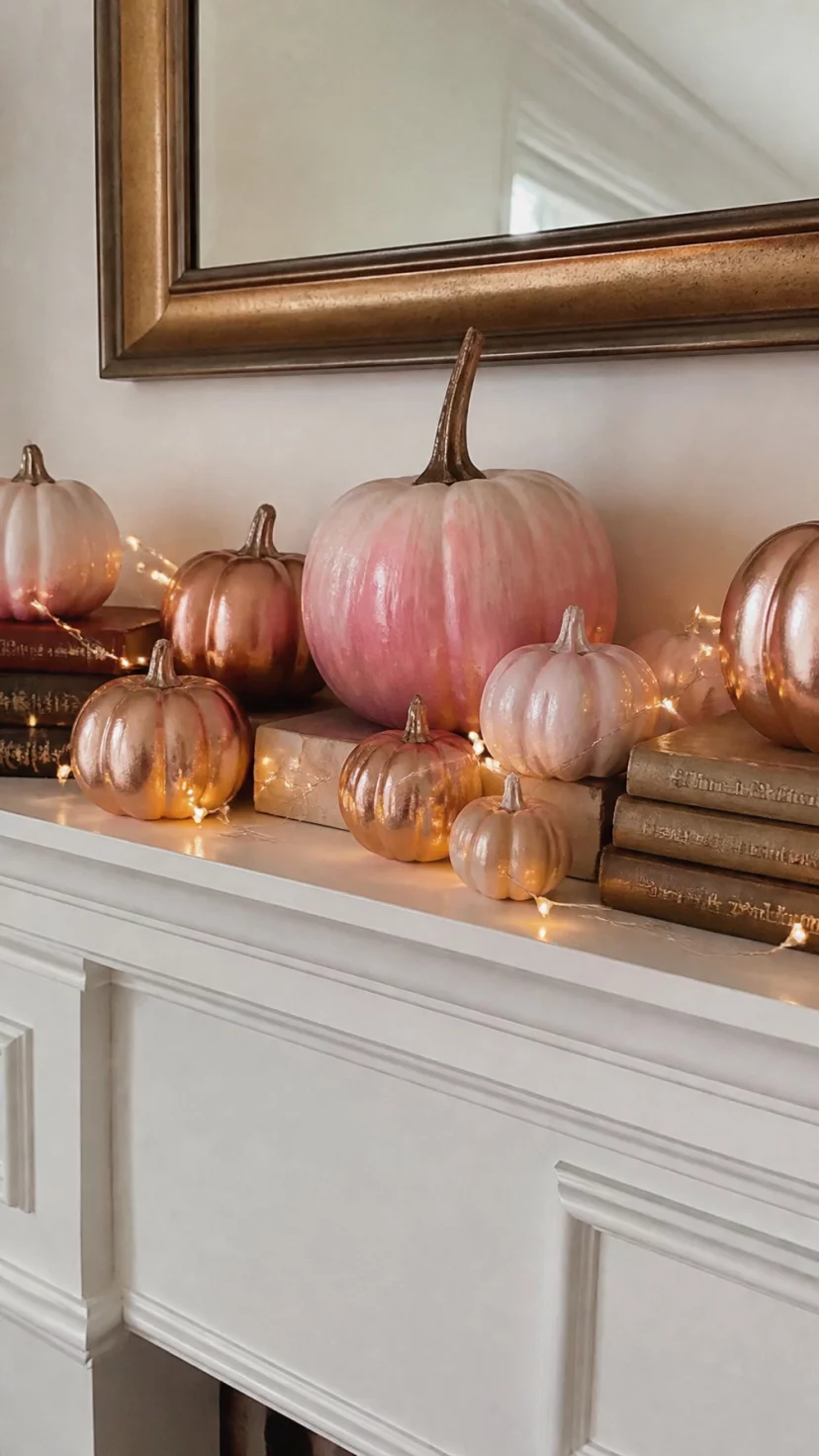 A super-realistic photo of a fireplace mantel decorated with several copper and pink ombre hand-painted pumpkins of various sizes, small white fairy lights woven between the gourds, a stack of vintage hardcover books on the side, everyday social media post aesthetic, photorealistic, high-quality mobile photography, shot on an iPhone 14