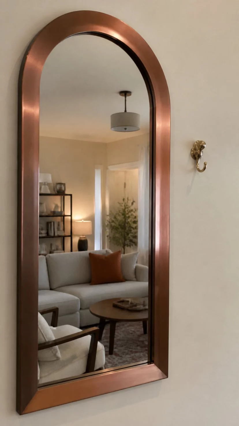 A super-realistic photo of a hallway mirror with a rose tinted frame reflecting a warm living room scene, the frame featuring a brushed metallic finish, a small decorative hook on the wall nearby, everyday social media post aesthetic, photorealistic, high-quality mobile photography, shot on an iPhone 14