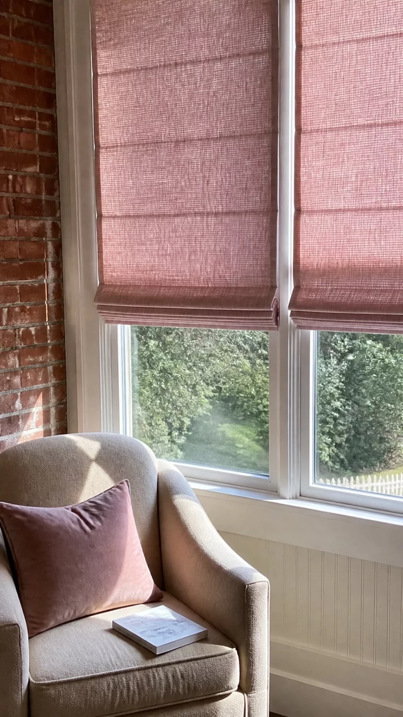 A super-realistic photo of a sunroom window with dusty pink Roman shades partially drawn, the fabric showing a heavy weave, a comfortable armchair underneath the window with a book on the seat, everyday social media post aesthetic, photorealistic, high-quality mobile photography, shot on an iPhone 14