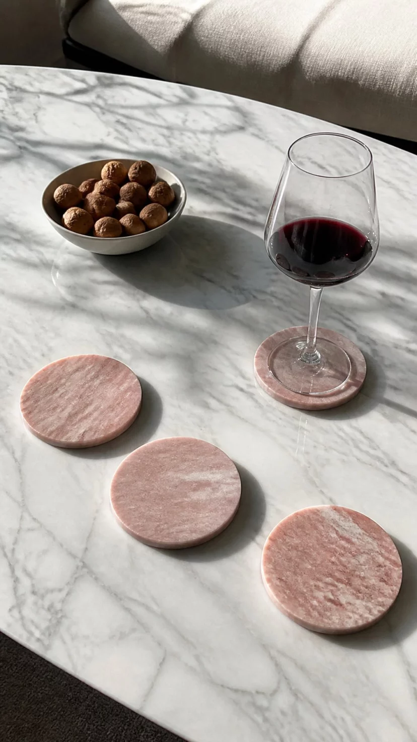 A super-realistic photo of a marble coffee table with four pink marble coasters, a glass of red wine resting on one coaster, a small bowl of walnuts nearby, soft shadows from a nearby plant, everyday social media post aesthetic, photorealistic, high-quality mobile photography, shot on an iPhone 14