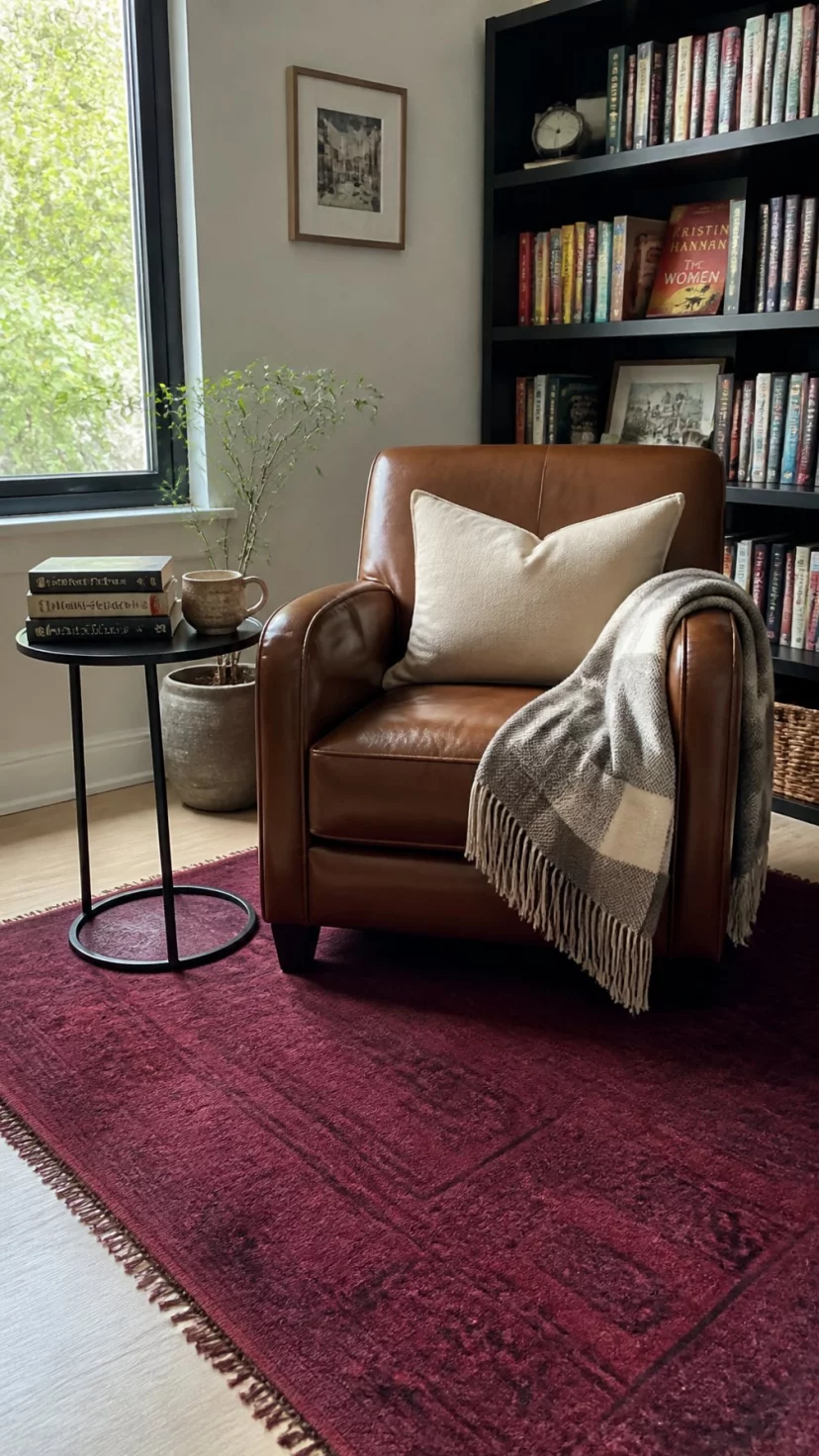 A super-realistic photo of a cozy reading nook with a berry toned throw rug on a light wood floor, a leather armchair sitting on the rug, a small bookshelf filled with colorful novels in the background, everyday social media post aesthetic, photorealistic, high-quality mobile photography, shot on an iPhone 14