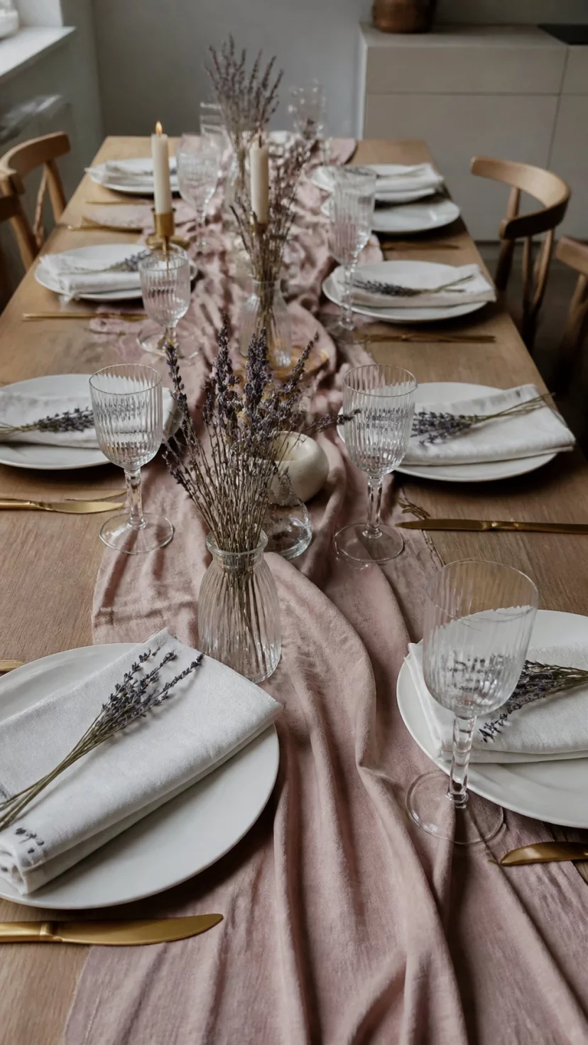 A super-realistic photo of a long wooden dining table topped with a wrinkled blush linen table runner, white ceramic plates and gold flatware arranged perfectly, a small sprig of dried lavender on each napkin, everyday social media post aesthetic, photorealistic, high-quality mobile photography, shot on an iPhone 14