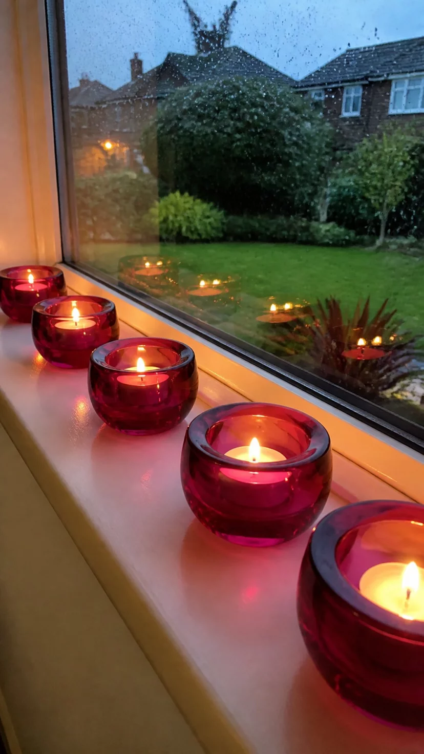 A super-realistic photo of a window sill lined with five magenta glass tealight holders, the small flames reflecting off the window pane at twilight, a rainy view of a garden outside, everyday social media post aesthetic, photorealistic, high-quality mobile photography, shot on an iPhone 14