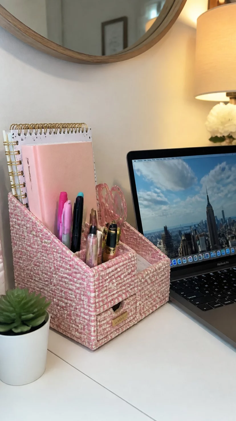 A super-realistic photo of a home office desk with pink tweed desktop organizers holding pens and notebooks, a laptop open next to the organizers, a small succulent in a white pot on the corner, everyday social media post aesthetic, photorealistic, high-quality mobile photography, shot on an iPhone 14
