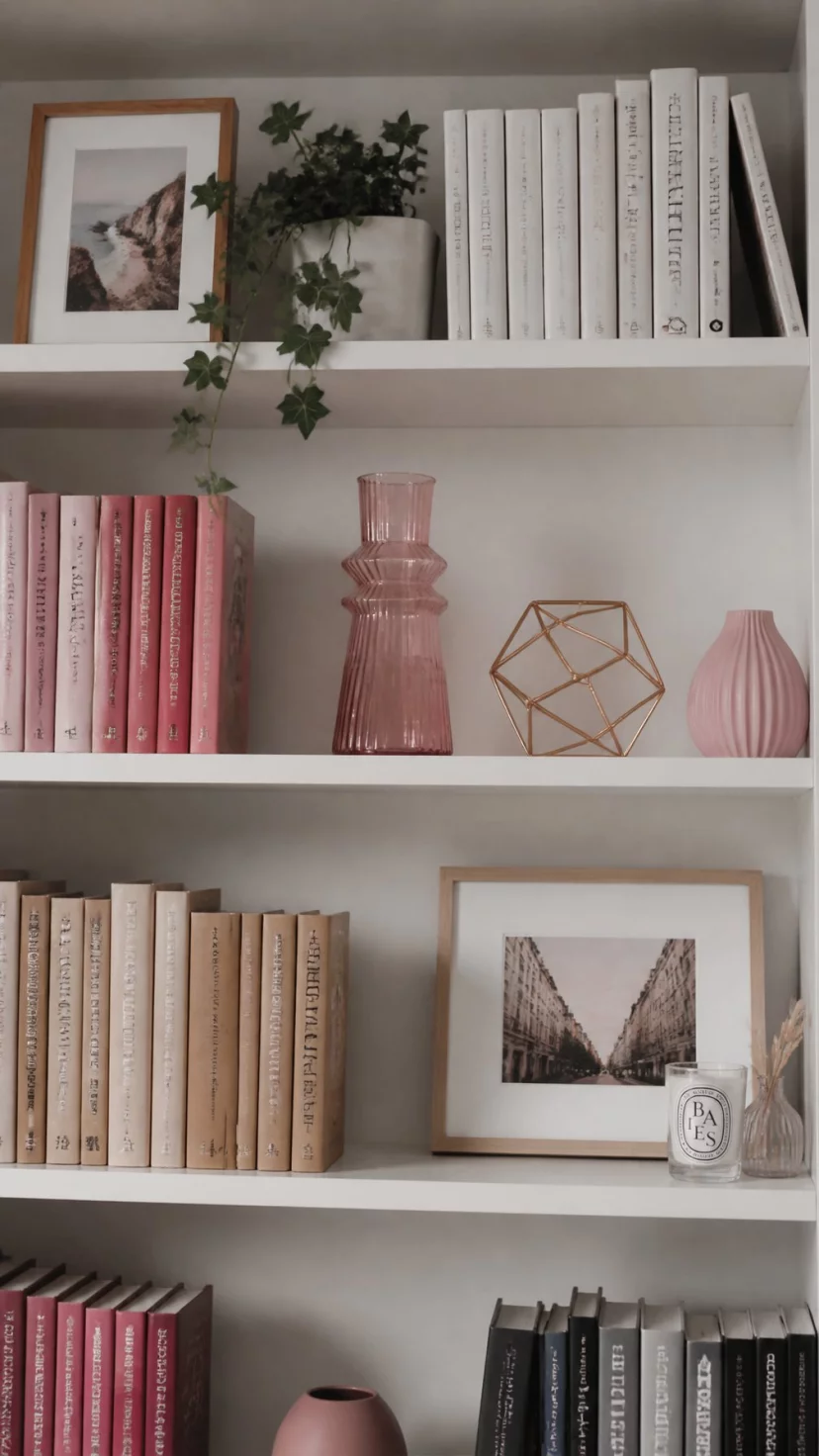 A super-realistic photo of a white bookshelf with several rose colored decorative items like a small vase and a geometric sculpture, books arranged by color in the background, a small trailing ivy plant on the top shelf, everyday social media post aesthetic, photorealistic, high-quality mobile photography, shot on an iPhone 14
