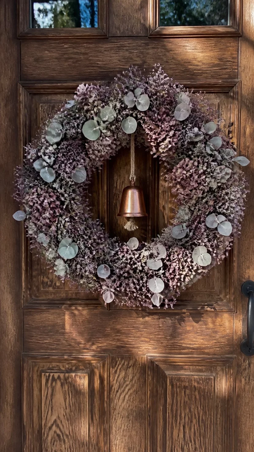 A super-realistic photo of a rustic wooden front door adorned with a large mauve dried floral wreath containing preserved hydrangeas and silver dollar eucalyptus, soft shadows falling across the wood grain, a small copper bell hanging from the center, everyday social media post aesthetic, photorealistic, high-quality mobile photography, shot on an iPhone 14