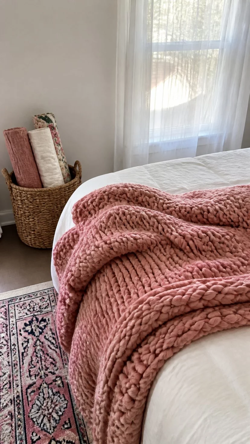 A super-realistic photo of a bedroom corner with a soft salmon oversized chunky knit blanket spilled across the foot of a white duvet cover, a wicker basket nearby holding extra rolls of fabric, natural light steaming through a window with sheer curtains, everyday social media post aesthetic, photorealistic, high-quality mobile photography, shot on an iPhone 14