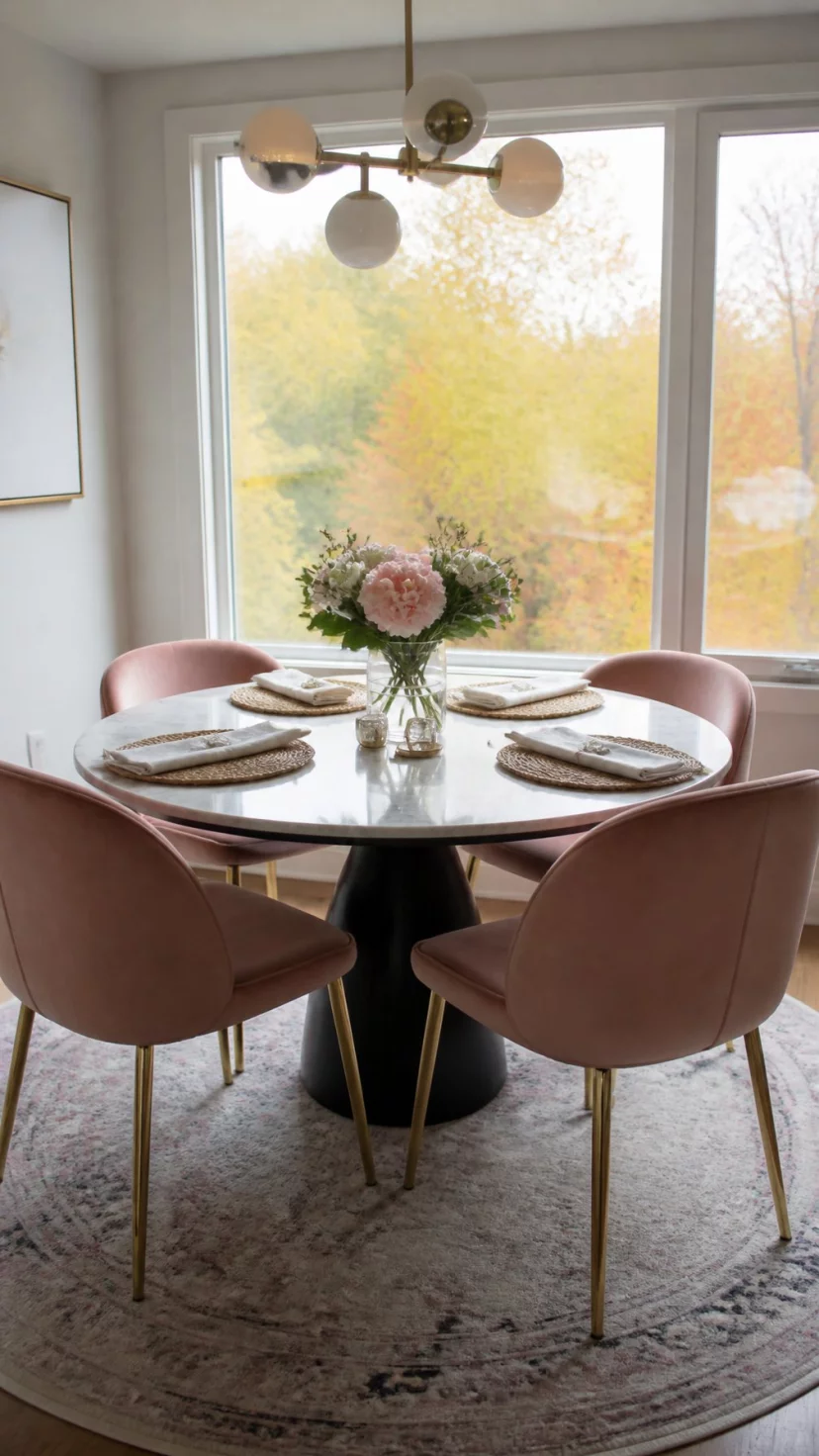 A super-realistic photo of a dining area with four pink velvet chairs positioned around a circular marble table, a modern chandelier hanging above, a large window showing blurred autumn trees in the background, everyday social media post aesthetic, photorealistic, high-quality mobile photography, shot on an iPhone 14