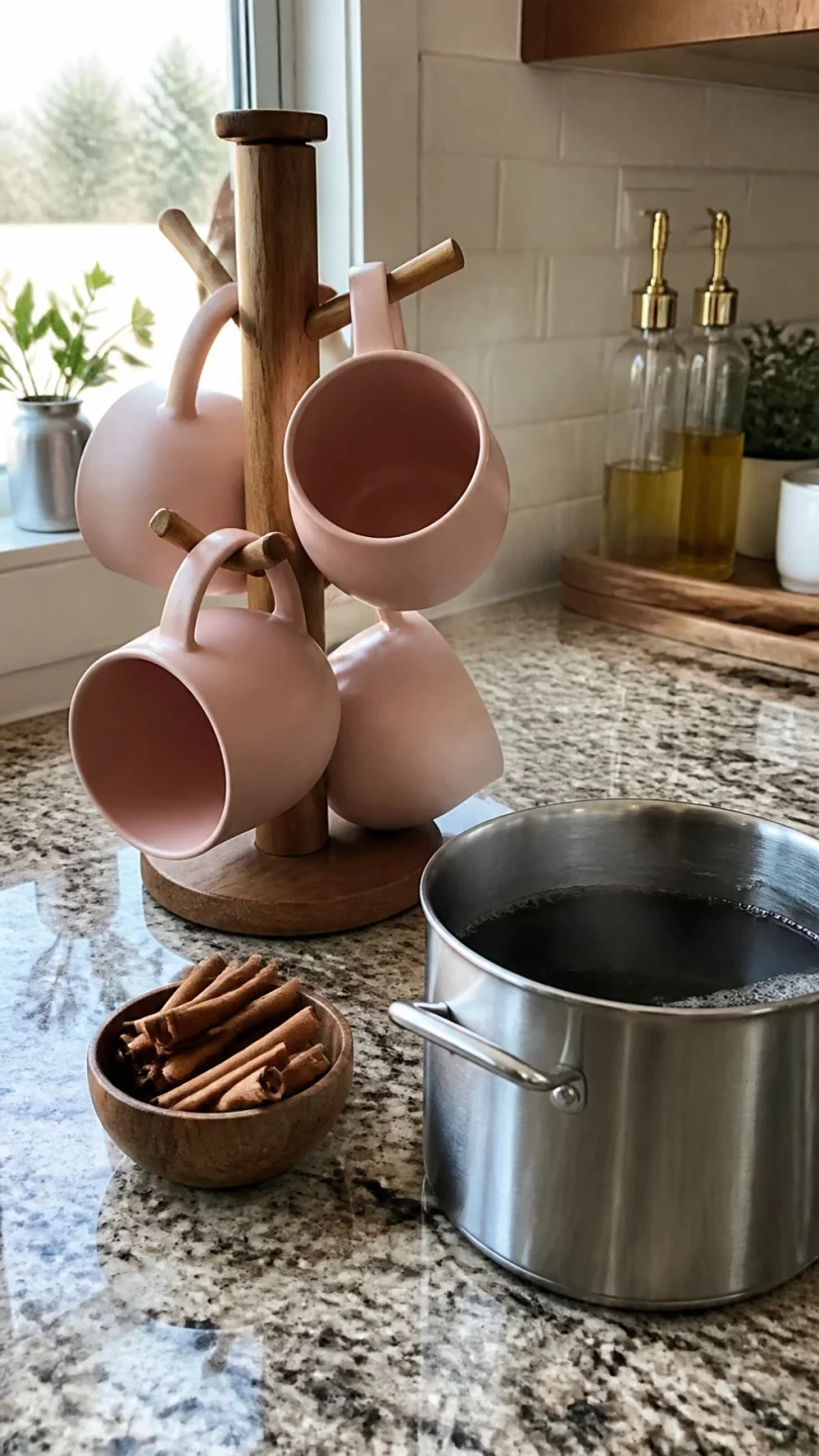 A super-realistic photo of a kitchen counter with a row of pale pink ceramic mugs with matte finishes hanging from a wooden mug tree, a steaming pot of coffee nearby, a small bowl of cinnamon sticks on the granite surface, everyday social media post aesthetic, photorealistic, high-quality mobile photography, shot on an iPhone 14