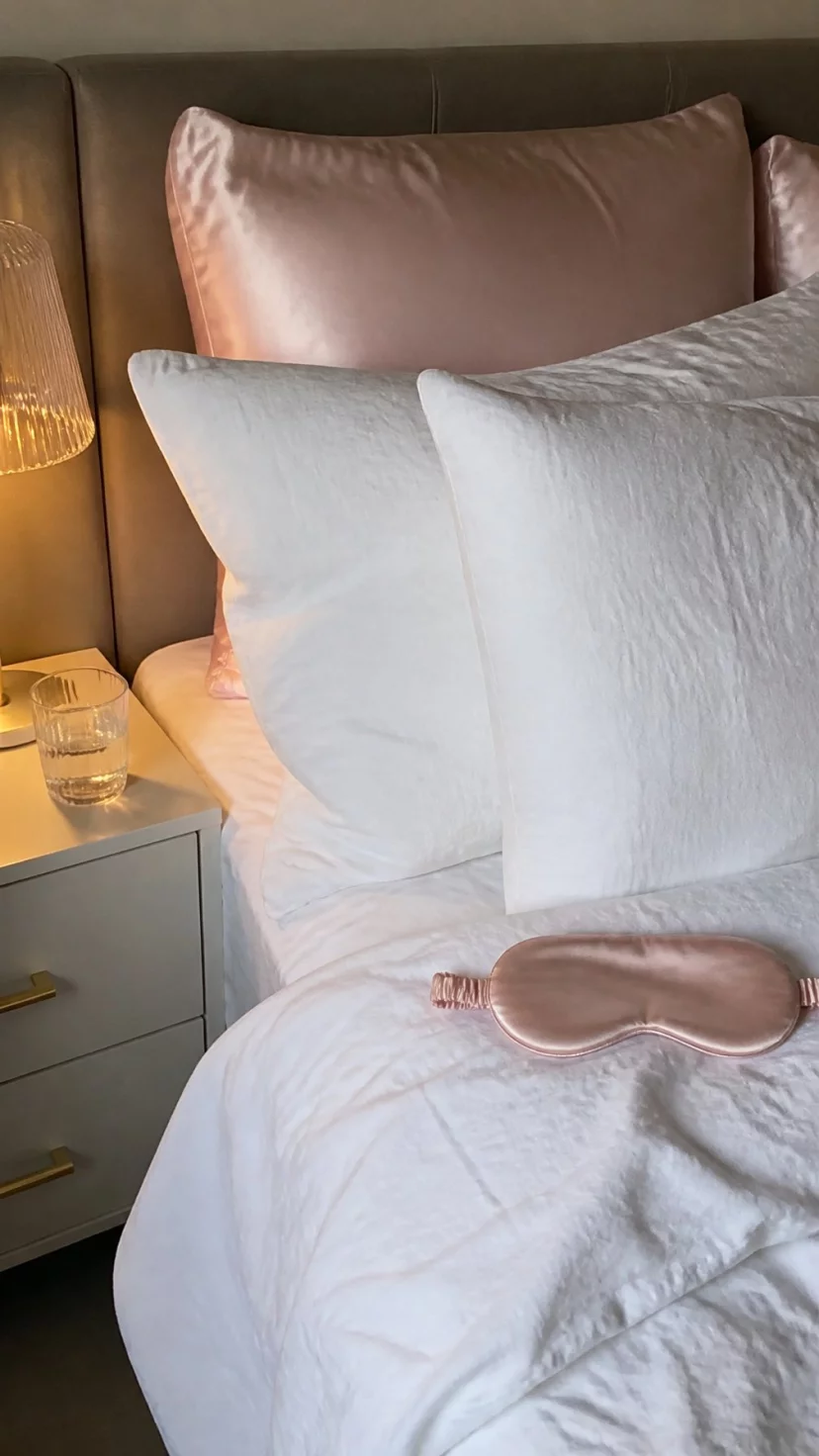 A super-realistic photo of a bed with blush silk pillowcases layered behind white cotton pillows, a soft pink silk eye mask resting on the duvet, a nightstand with a glass of water and a small lamp, everyday social media post aesthetic, photorealistic, high-quality mobile photography, shot on an iPhone 14