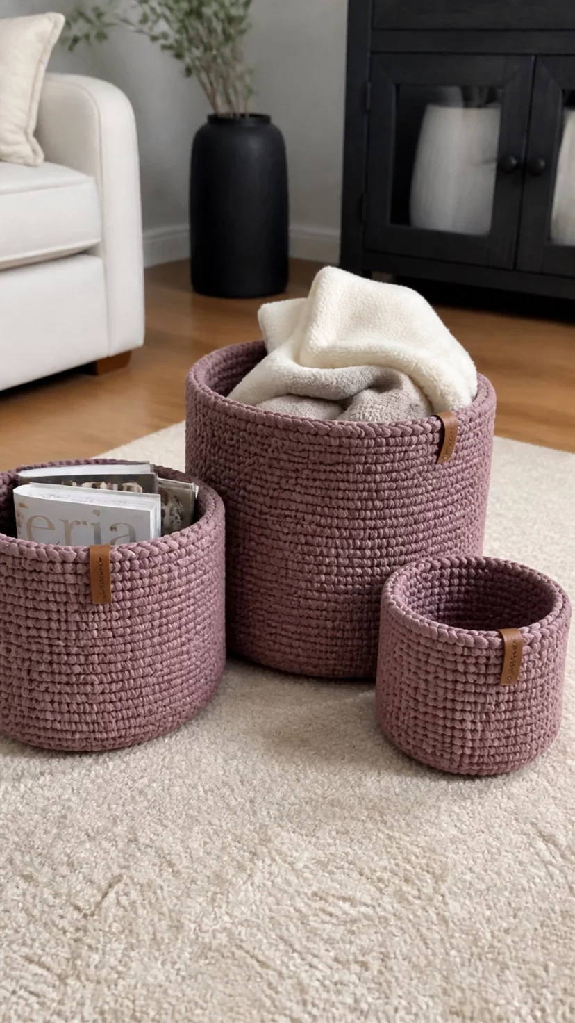 A super-realistic photo of a living room floor with a set of three mauve knit baskets of different sizes, one basket filled with extra blankets and another with magazines, a wooden floor with a soft rug underneath, everyday social media post aesthetic, photorealistic, high-quality mobile photography, shot on an iPhone 14
