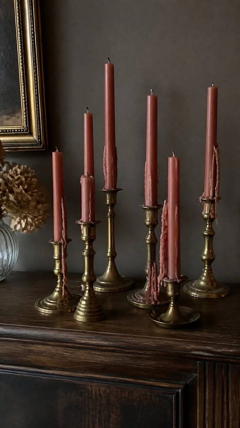 A super-realistic photo of a collection of terracotta pink taper candles standing in mismatched brass holders on a dark woodCredenza, wax drippings creating interesting shapes on the brass, a moody atmospheric backdrop with a hint of a framed painting, everyday social media post aesthetic, photorealistic, high-quality mobile photography, shot on an iPhone 14