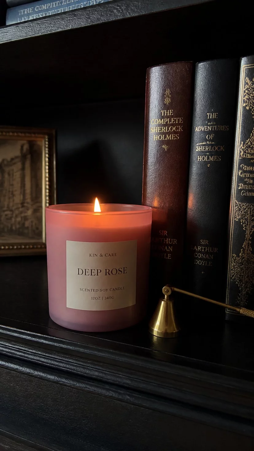 A super-realistic photo of a library shelf with a large deep rose scented soy candle in a matte pink jar, the flame flickering, several leather bound books standing next to it, a small brass snuffer nearby, everyday social media post aesthetic, photorealistic, high-quality mobile photography, shot on an iPhone 14