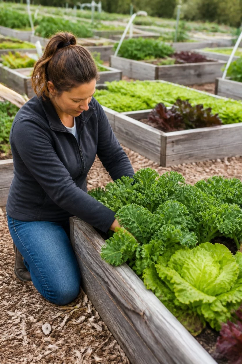 Harvest From Mid Sized Boxes A realistic photo of a woman kneeling beside a rectangular wooden bed filled with bright green kale and lettuce while many other similar raised beds sit in the background.