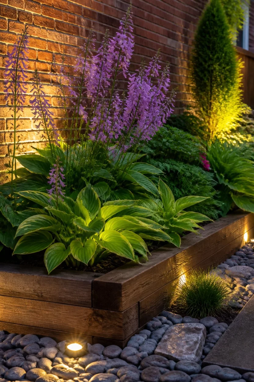 Add Magic With Evening Lighting A realistic photo of a sturdy wooden raised bed overflowing with tall purple flowers and green hostas highlighted by soft glowing garden lights and decorative smooth river stones against a warm brick wall.