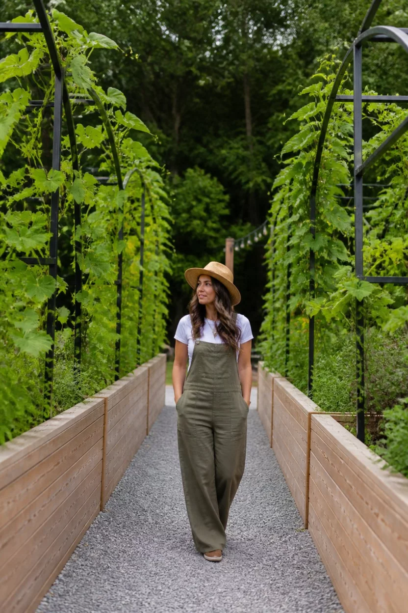 Balance Heights With Arches A realistic photo of a woman in a gravel pathway between two wooden raised beds with black metal arches supporting climbing vines against a backdrop of lush green trees.