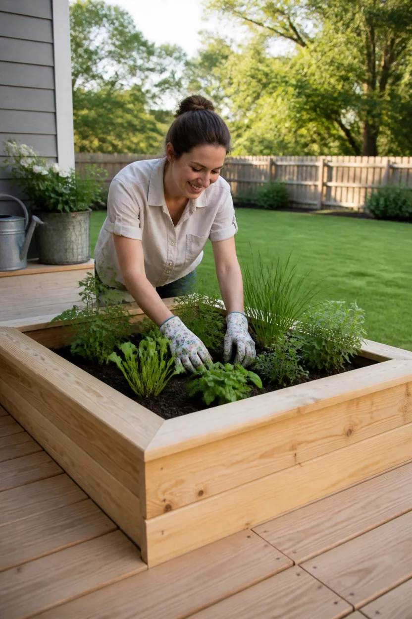 Build Directly On Your Deck A realistic photo of a happy woman leaning over a fresh light colored wooden garden box built directly onto a wide wooden deck overlooking a grassy backyard.