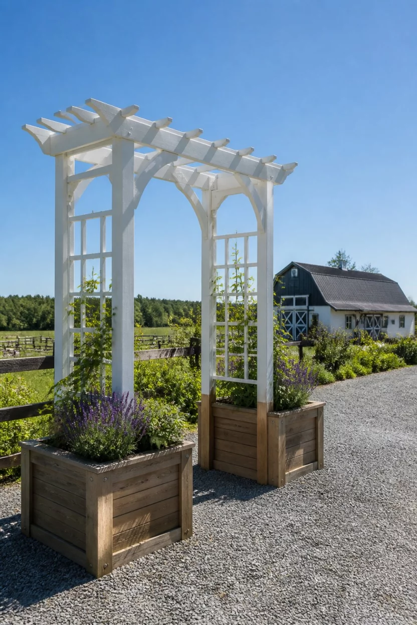 Build Foundations For Arbors A realistic photo of two large wooden garden boxes situated on a grey gravel path where one box supports a tall white wooden arbor structure under a clear blue sky near a distant barn.