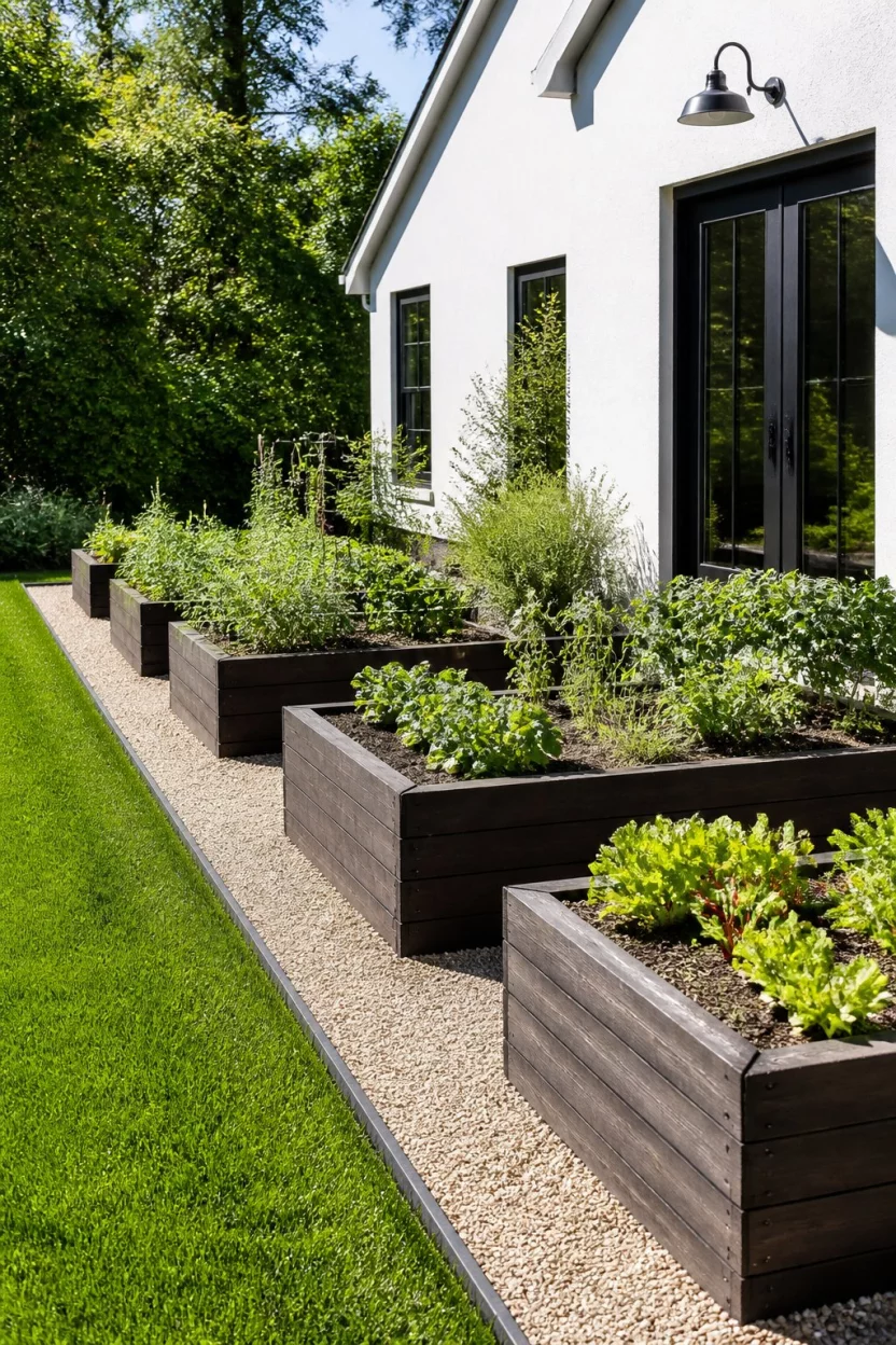 Organize With Dark Wood Aesthetics A realistic photo of a sun drenched garden area with several dark stained wooden raised beds arranged in a neat grid next to a white stucco house and a perfectly manicured green lawn.