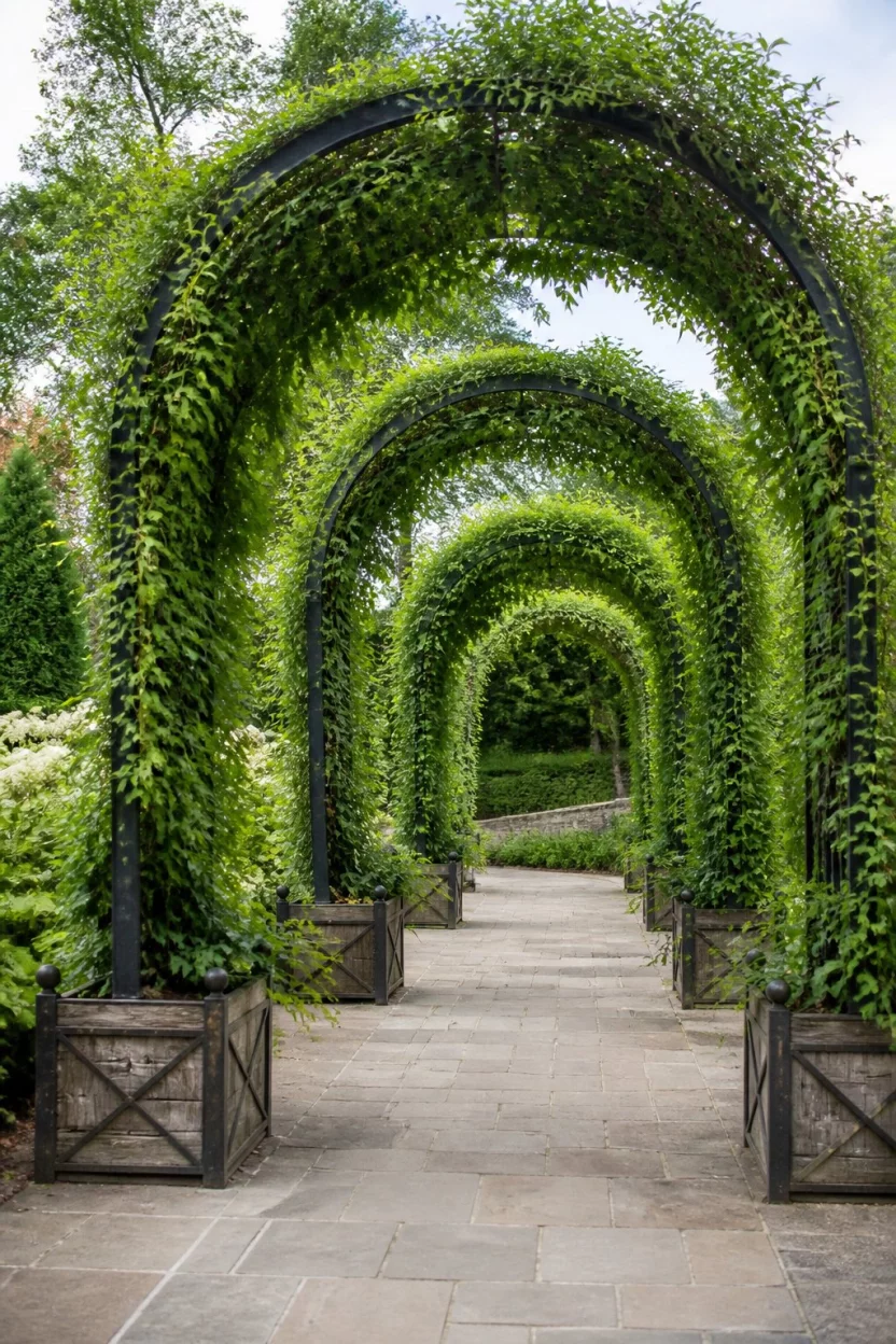 Incorporate Dramatic Metal Arches A realistic photo of a majestic garden design featuring several wooden containers connected by tall black metal arches covered in thick green climbing vines over a wide stone walkway.