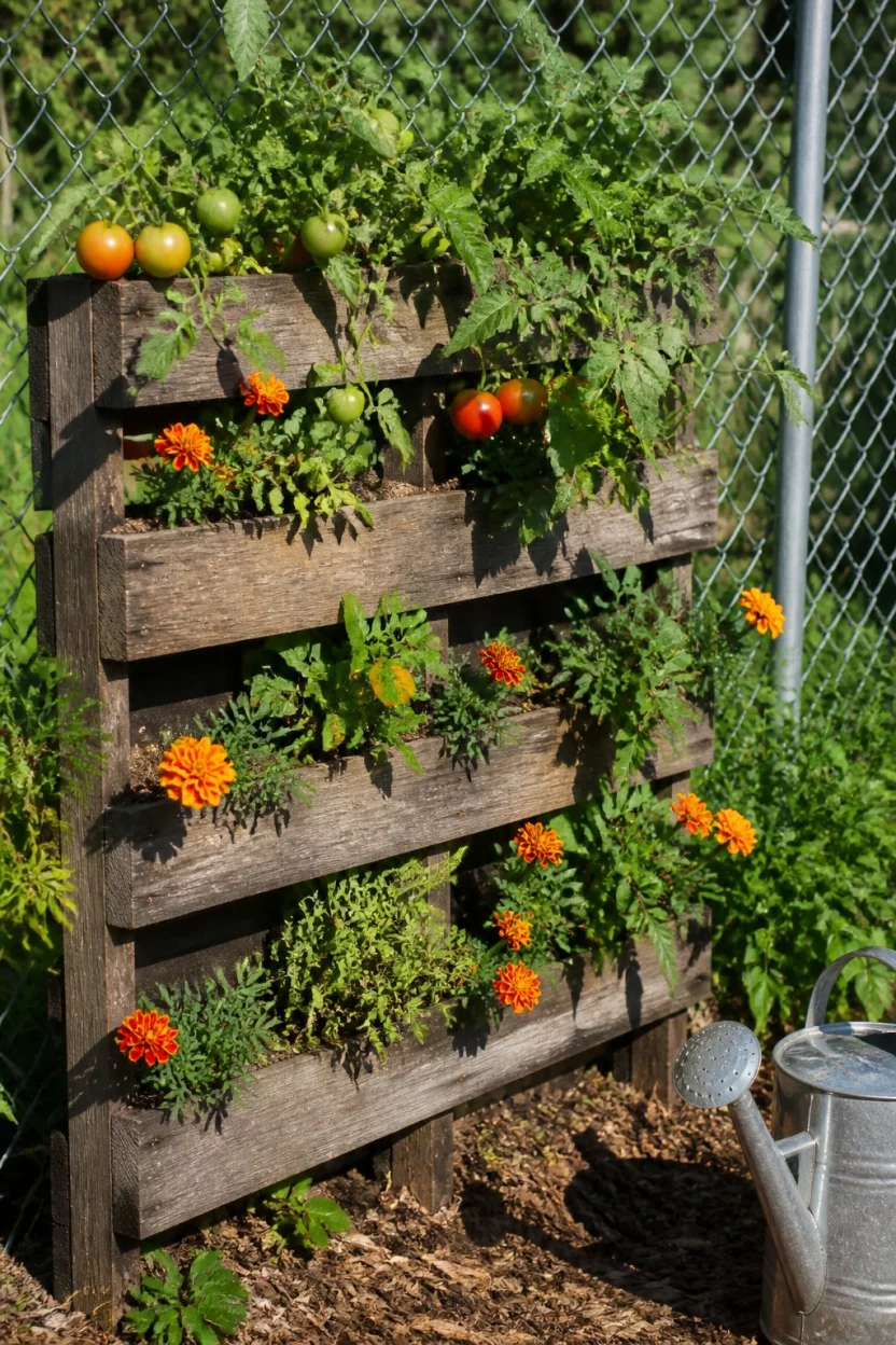 Repurpose Old Wooden Pallets A realistic photo of a small garden corner featuring a weathered wooden pallet repurposed into a vertical raised bed where red tomatoes and bright orange marigolds grow near a silver chain link fence under clear morning sunlight.